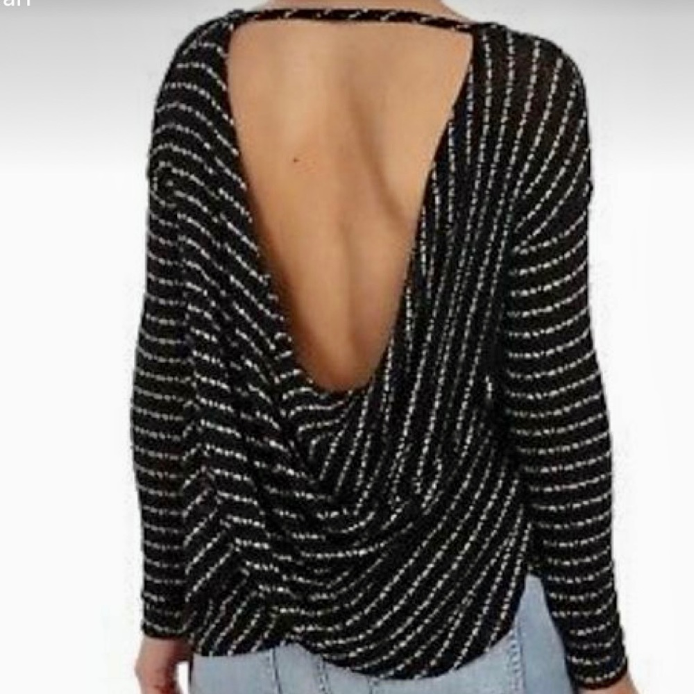 Free People Black Open Back Stripe Sweater Black
